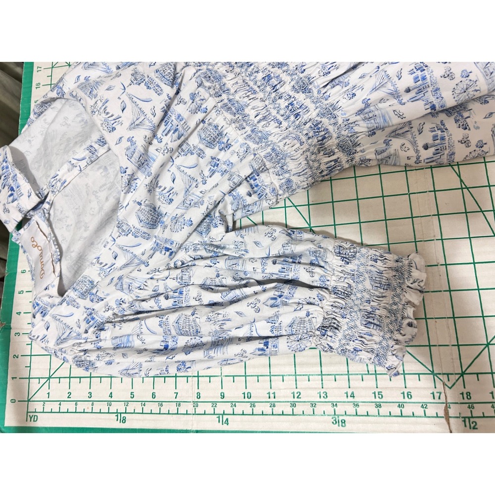 Dondolo XL Toile Top Blue White Smocked Puff Sleeve Cotton Cottage Ferris Travel - Picture 7 of 11